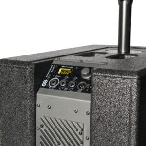 Detailansicht der Rückseite des dB Technologies ES 1203 Subwoofers mit Anschlussfeld und montierter Distanzstange