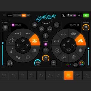 Benutzeroberfläche der Light Rider App zur DMX-Lichtsteuerung mit Effekten und Presets